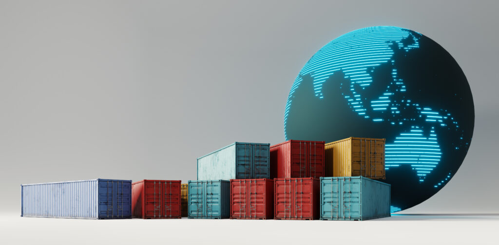 conteineres de transporte e renderizacao 3d de plano de fundo global da esfera terrestre