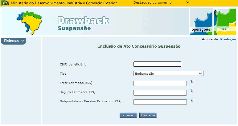 Tela Drawback Suspensao onde e feito o pedido do beneficio