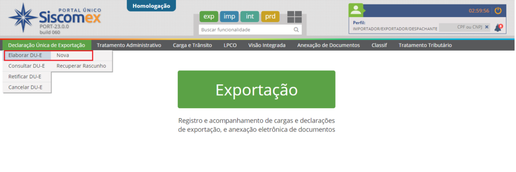 Tela Modulo Exportacao Portal Unico Siscomex