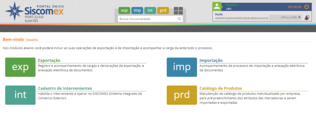 Tela acesso perfil exportador importador Portal Unico Siscomex