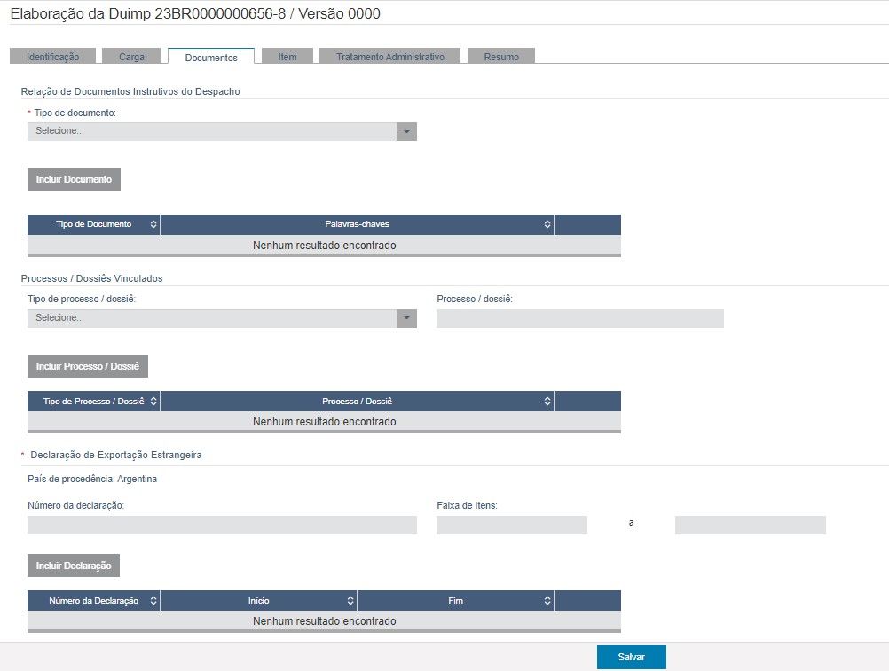 Elaboracao DUIMP aba documentos